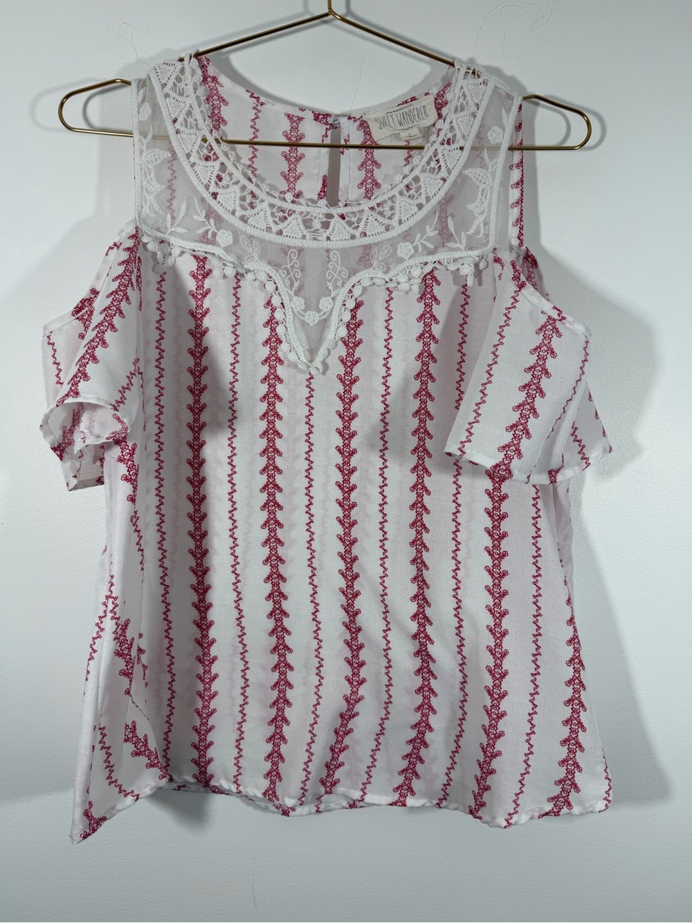 Lace Yoke Cold-Shoulder Blouse in White with Pink Stripe Embroidery